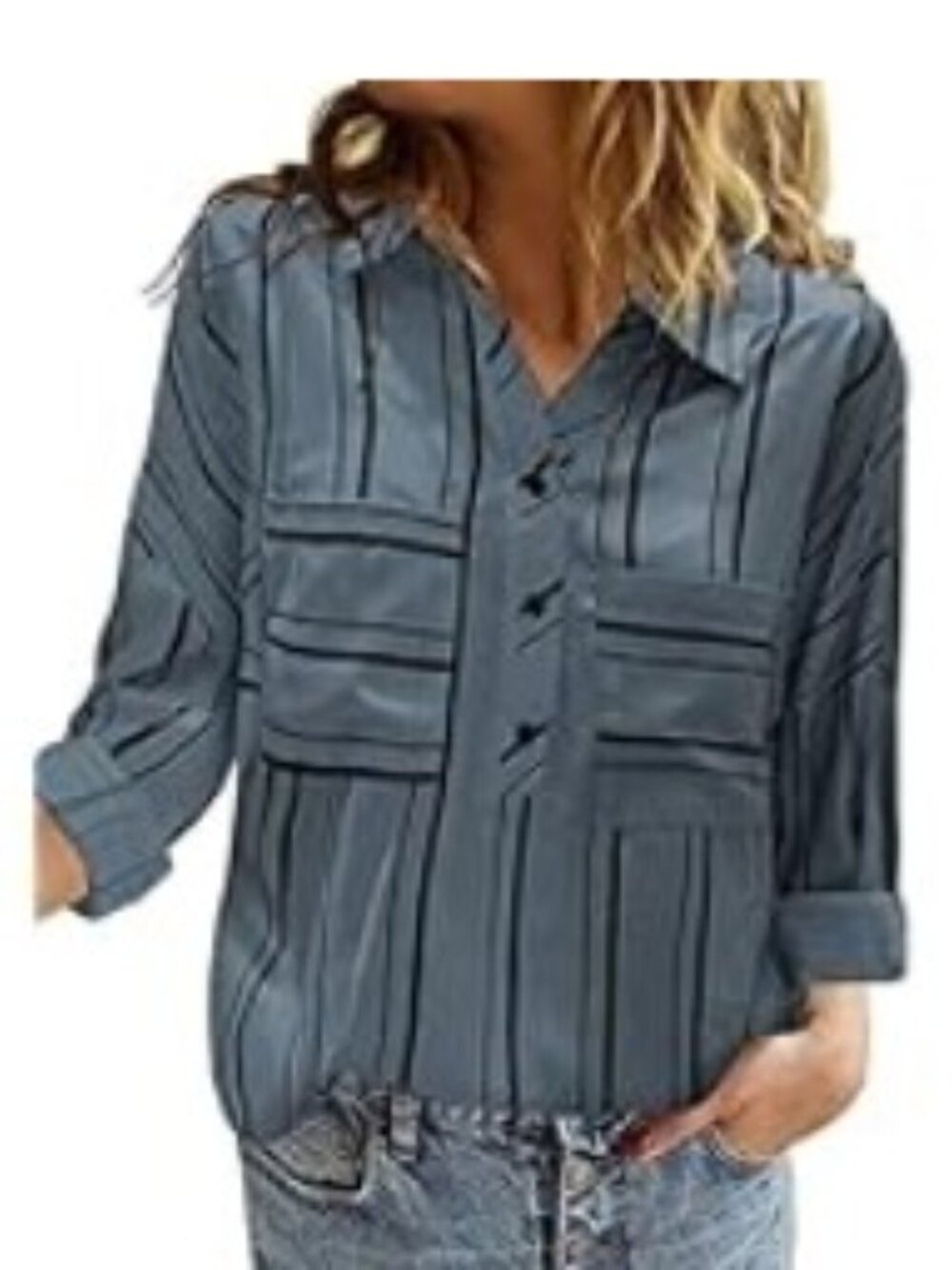 Astylish Graphic Stripe Smokey Slate Blue & Black Tunic Top Shirt Blouse - EUC